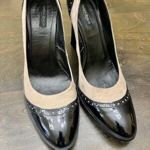 Italian Made - Marina Rinaldi Designer Heel. Grey Suede & Black Patent Leather.